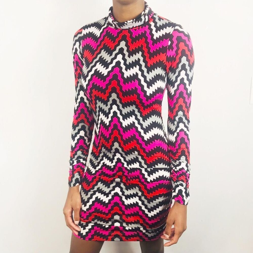 Chevron Mock Neck Jersey Fitted Dress Long Sleeve